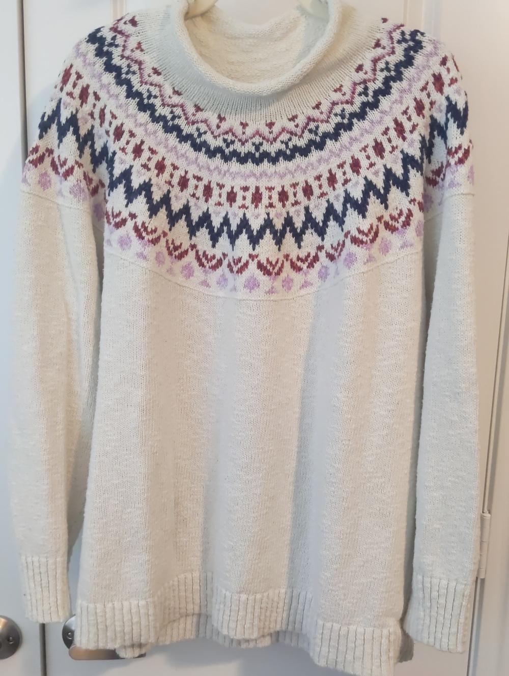 L.L. Bean Cream Turtleneck Sweater with Navy, Burgundy & Lavender Fair Isle